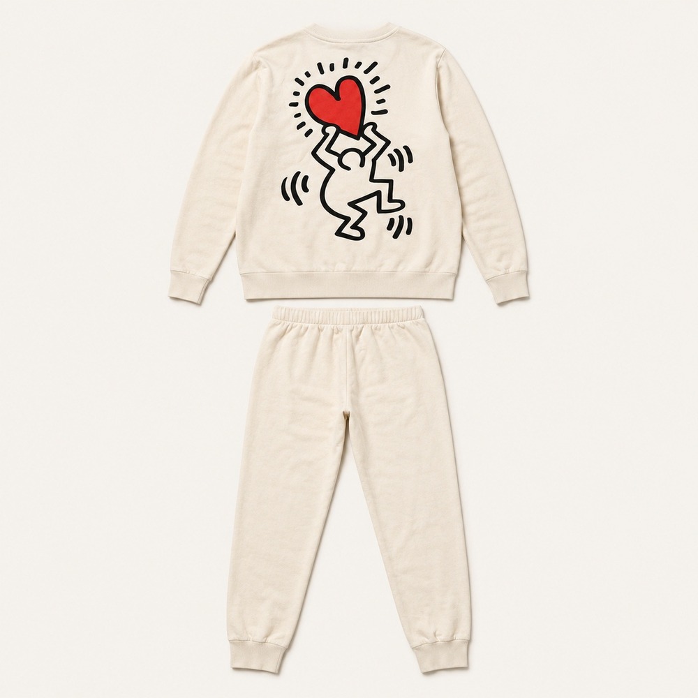 Keith Haring Love Graphic Sweatshirt and Joggers Loungewear Set Cream Small - Picture 2 of 5